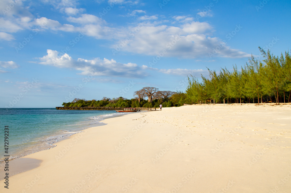 Golden sand, blue sky, turquoise water, trees ,boat and some people in the distance in Mbudya Island in Tanzania 