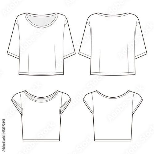 Cropped round neckline top fashion vector sketch, Apparel template