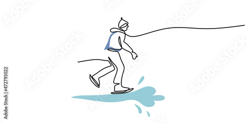 Continuous one single line of teenage boy playing ice skating winter sport isolated on white background.