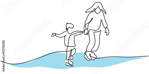 Continuous one single line of mommy and her boy playing ice skating winter sport isolated on white background.