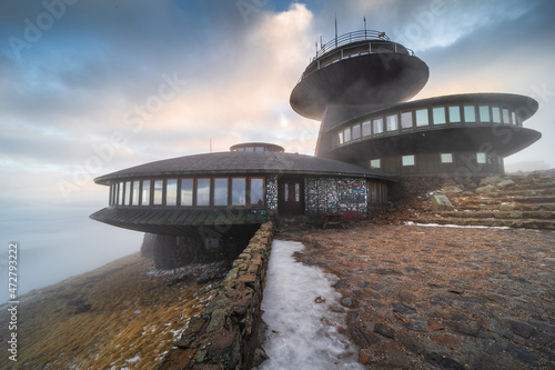 A view of Śnieżka and the characteristic discs placed on its top