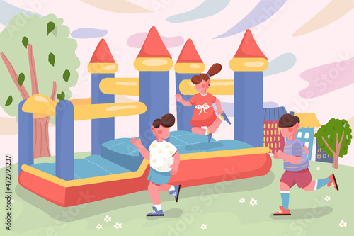 Kids playing at children playground in cityscape background. Girl jumping in bouncy castle, boys running on grass outdoors. Nature scenery at city park. Vector illustration in flat cartoon design