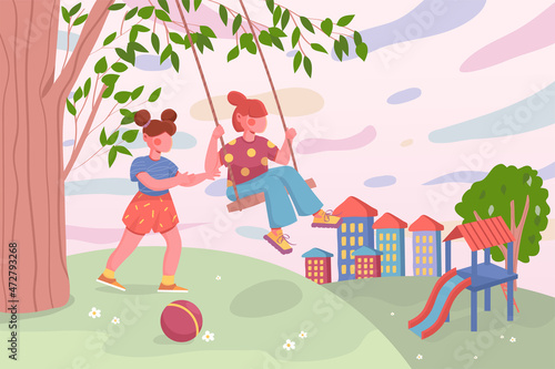 Kids playing at children playground in cityscape background. Little girls ride on swing outdoors. Nature scenery with trees, slide and buildings at park. Vector illustration in flat cartoon design