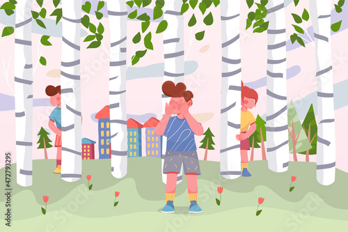 Kids playing at children playground in birches background. Boys and girl playing hide and seek outdoors. Nature scenery with trees and buildings at park. Vector illustration in flat cartoon design