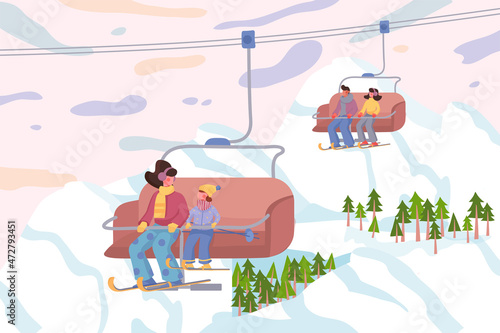 Family at ski resort at winter background. Mother with daughter and other skiers are riding at chairlift. Nature scenery with trees, snow mountains, ropeway. Vector illustration in flat cartoon design