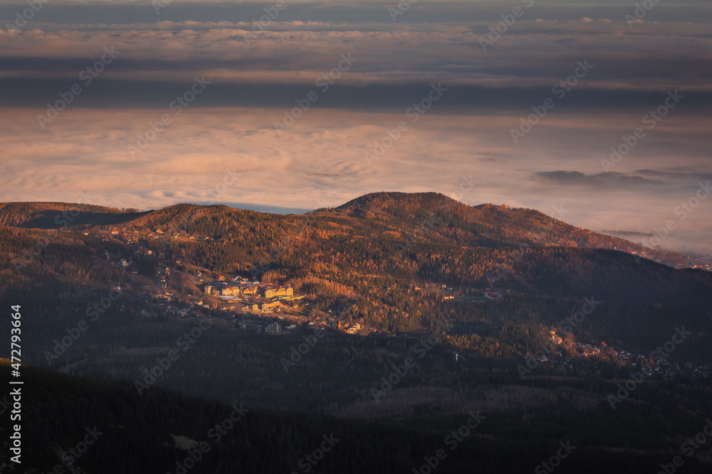 Late autumn views from the highest peak of the Karkonosze Mountains - Śnieżka.