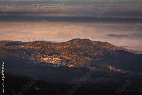 Late autumn views from the highest peak of the Karkonosze Mountains - Śnieżka.