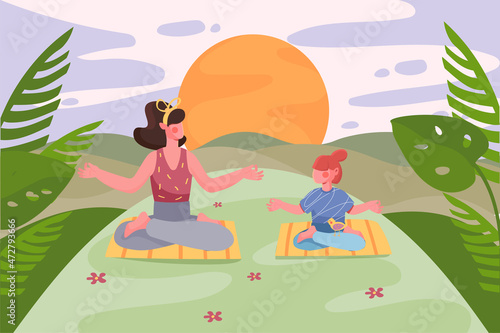 Yoga trainings and family activity at nature background. Mother and daughter sit in lotus position and meditate outdoors. Sunset scenery with green leaves. Vector illustration in flat cartoon design