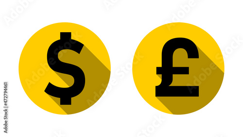 US Dollar British Pound or Sterling  Exchange Rate Currency Sign or Icon Set with a Gold Coin Style Design and 3D Shadow Effect. Vector Image.