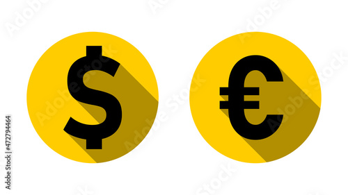 Dollar Euro Exchange Rate Currency Sign or Icon Set with a Gold Coin Style Design and 3D Shadow Effect. Vector Image.