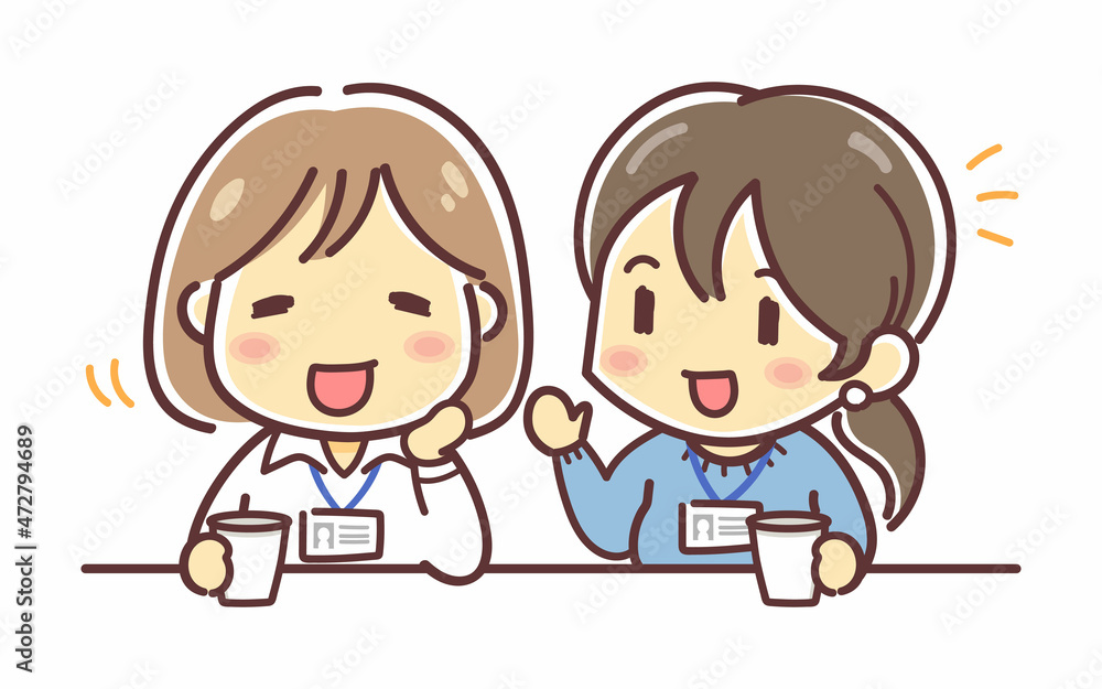 会社の休憩時間に会話する女性二人組のイラスト