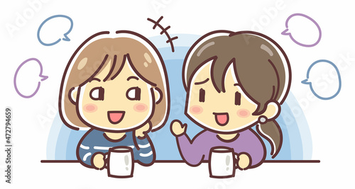 会話が盛り上がっている女性二人組のイラスト（噂話・うわさ）