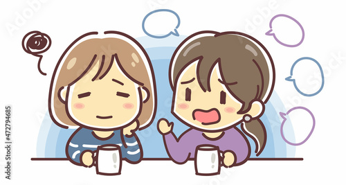 友達の愚痴にうんざりする女性のイラスト（女性二人組）
