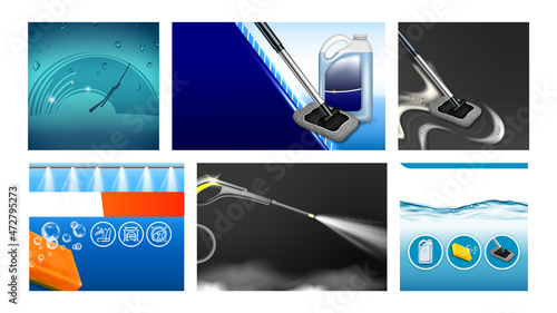 Car Wash Service Promotional Posters Set Vector. Hand And Self-service Car Wash, Water High Pressure Gun Sprayer Equipment And Mop Advertising Banners. Stylish Concept Template Illustrations