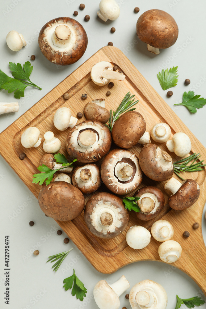 Concept of tasty food with champignon on white Concept of tasty food with champignon on white