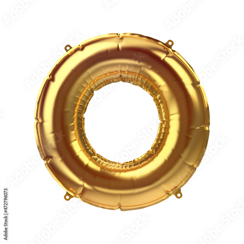 3D Render of Golden inflatable foil balloon letter O. Party decoration element. Yellow character isolated on white background. New year celebration postcard part. Graphic element sign for web design