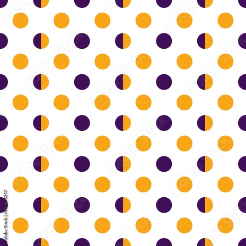Orange and purple polka dots, seamless pattern on white background. Vector illustration. Happy Halloween.