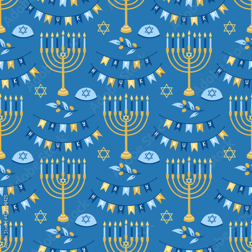 Hanukkah vector seamless pattern. Various object of Jewish festival of lights in flat style