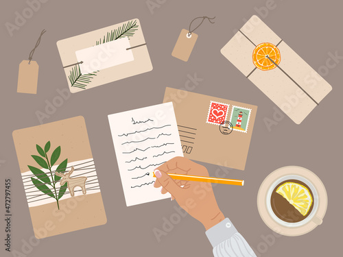 Brown female hand write greeting card with gift boxes wrapped into kraft paper and twine ribbon, green branch. Eco Christmas and New Year preparation. Hand drawn vector illustration