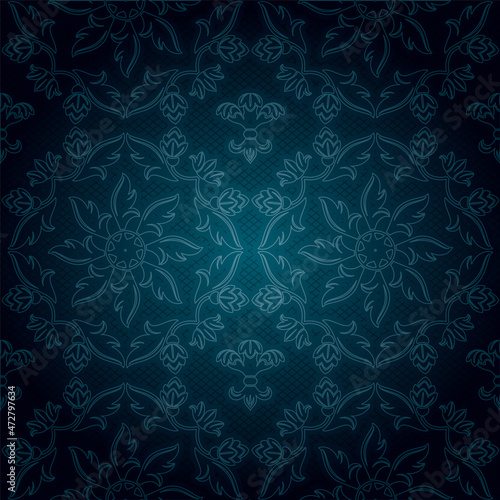 Ornamental lace blue background, flowers pattern