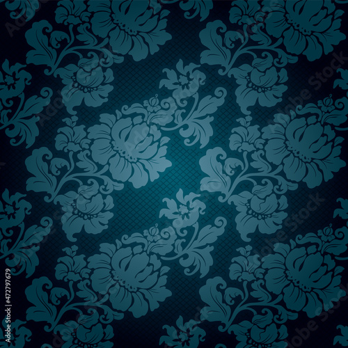 Ornamental lace blue background, flowers pattern