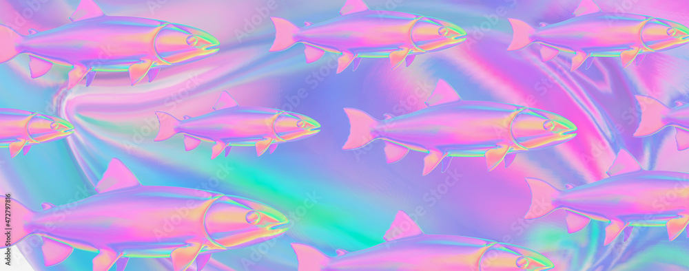 Fototapeta premium Minimalistic stylized 3d banner. Stylish fashion .holography fish background