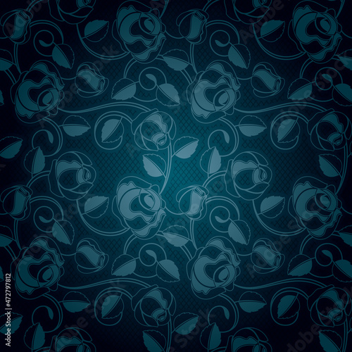 Ornamental lace blue background, flowers pattern