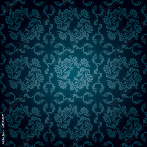 Ornamental lace blue background, flowers pattern