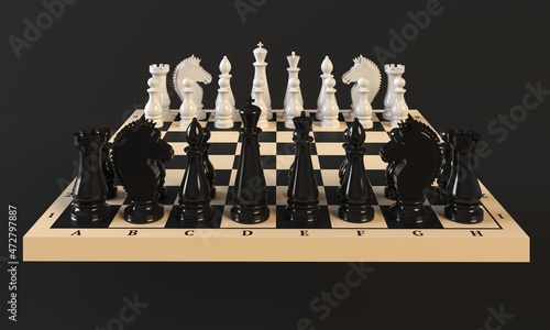 Chess Pieces on a Chess Board on a dark background. 3d rendering