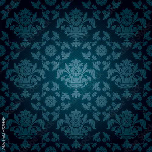 Ornamental lace blue background, flowers pattern