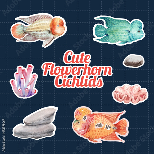 Sticker template with flower horn cichlid fish concept,watercolor style