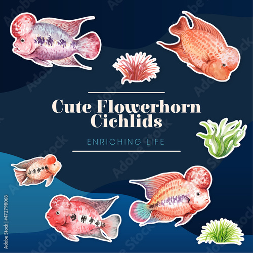 Sticker template with flower horn cichlid fish concept,watercolor style