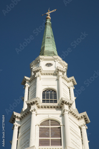 USA, Georgia, Savannah. Steeple of Independent Presbyterian Church in the historic district.