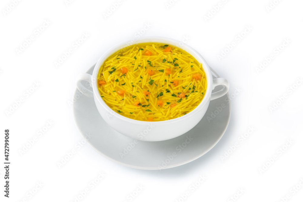 Chicken noodle soup in white bowl isolated on white background Chicken noodle soup in white bowl isolated on white background