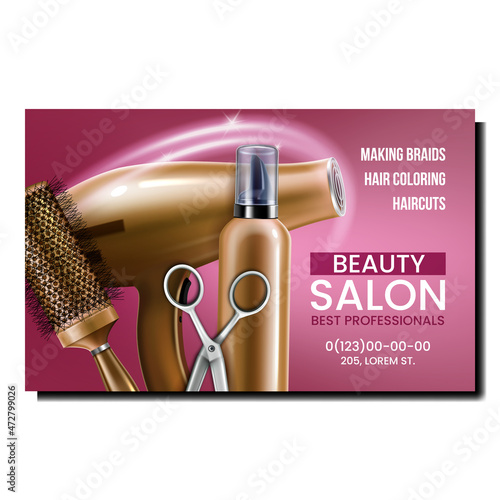 Beauty Salon Service Promotional Banner Vector. Beauty Salon Professional Treatment For Make Client Hairstyle, Shaving Beard And Mustache Advertising Poster. Style Concept Template Illustration