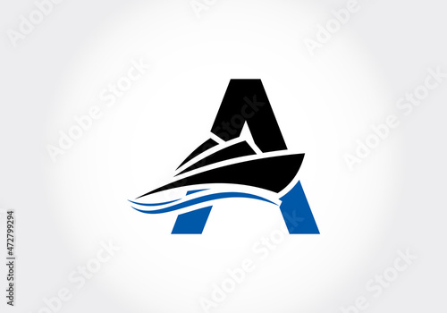 Letter A with the ship, cruise, or boat logo design template, icon sign symbol ocean waves vector illustration.