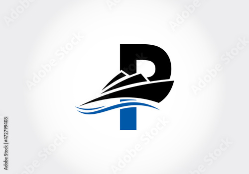 Letter P with the ship, cruise, or boat logo design template, icon sign symbol ocean waves vector illustration.