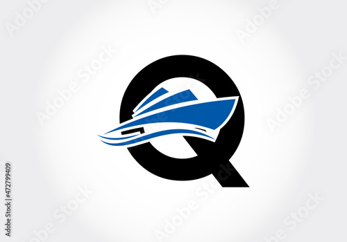 Letter Q with the ship, cruise, or boat logo design template, icon sign symbol ocean waves vector illustration.