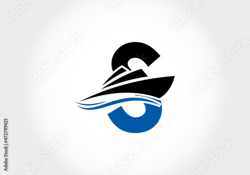 Letter S with the ship, cruise, or boat logo design template, icon sign symbol ocean waves vector illustration.