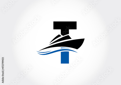 Letter T with the ship, cruise, or boat logo design template, icon sign symbol ocean waves vector illustration.