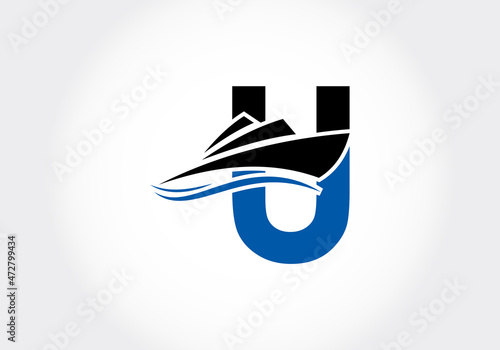 Letter U with the ship, cruise, or boat logo design template, icon sign symbol ocean waves vector illustration.