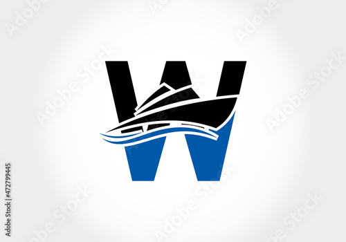 Letter W with the ship, cruise, or boat logo design template, icon sign symbol ocean waves vector illustration.