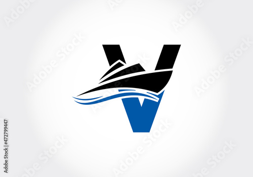 Letter V with the ship, cruise, or boat logo design template, icon sign symbol ocean waves vector illustration.