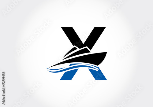 Letter X with the ship, cruise, or boat logo design template, icon sign symbol ocean waves vector illustration.