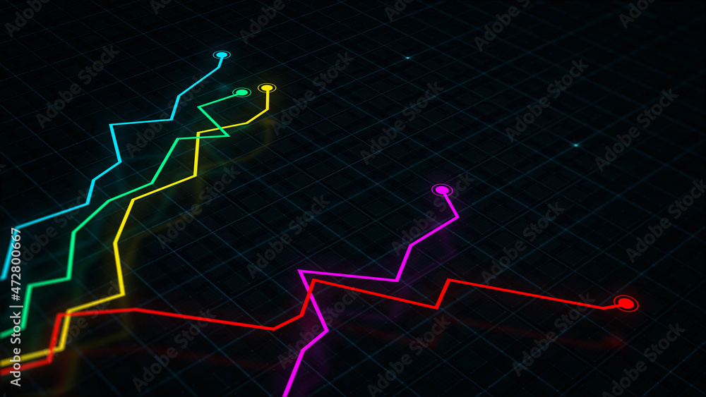Obraz premium 3D rendering of a tech-style digital income line graph against a high-tech grid background. Concept for presentations, advertising and showing profitability and statistics 