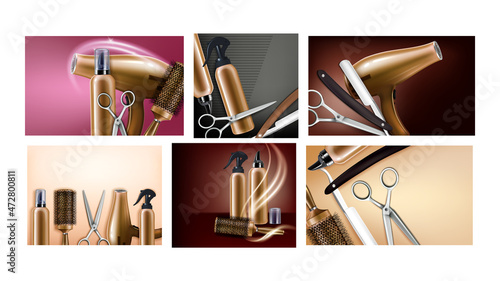 Haidresser Service Promotion Posters Set Vector. Razor And Hair Dryer, Comb And Scissors Barber Shop Hairdresser Equipment Advertising Banners. Style Concept Template Illustrations