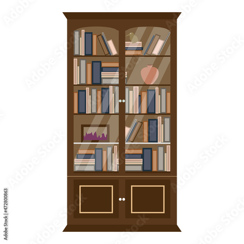 wooden bookcase with lots of books and knickknacks