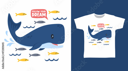 Cute whale with little fish cartoon tee design 