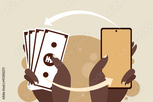 Illustration of cash in one hand and a mobile phone in other hand. Concept for digital payments and money transfer