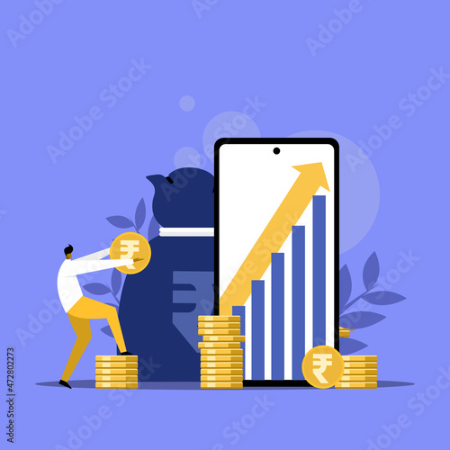 Businessman with Rupee coins on the background of a moneybag and a mobile phone showing growth